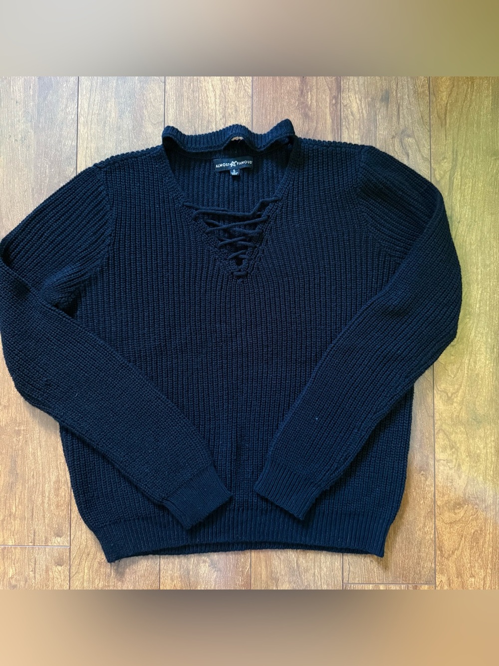 Almost Famous Black Choker Lace-Up Ribbed Knit Sweater - Size Small